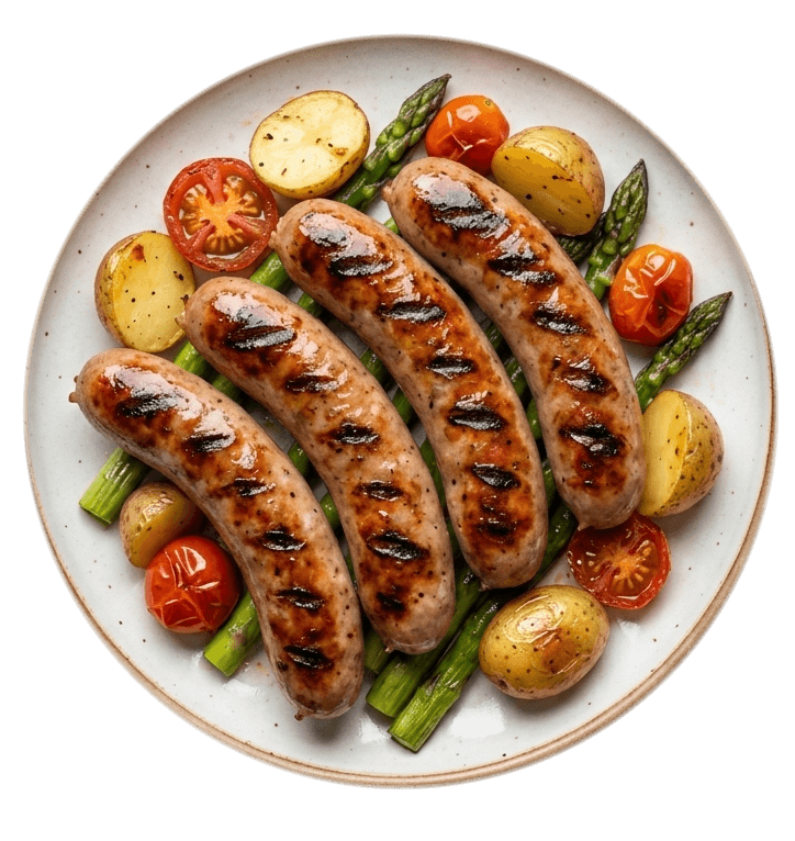 A plate of grilled GrillMark sausages with asparagus, potatoes and cherry tomatoes